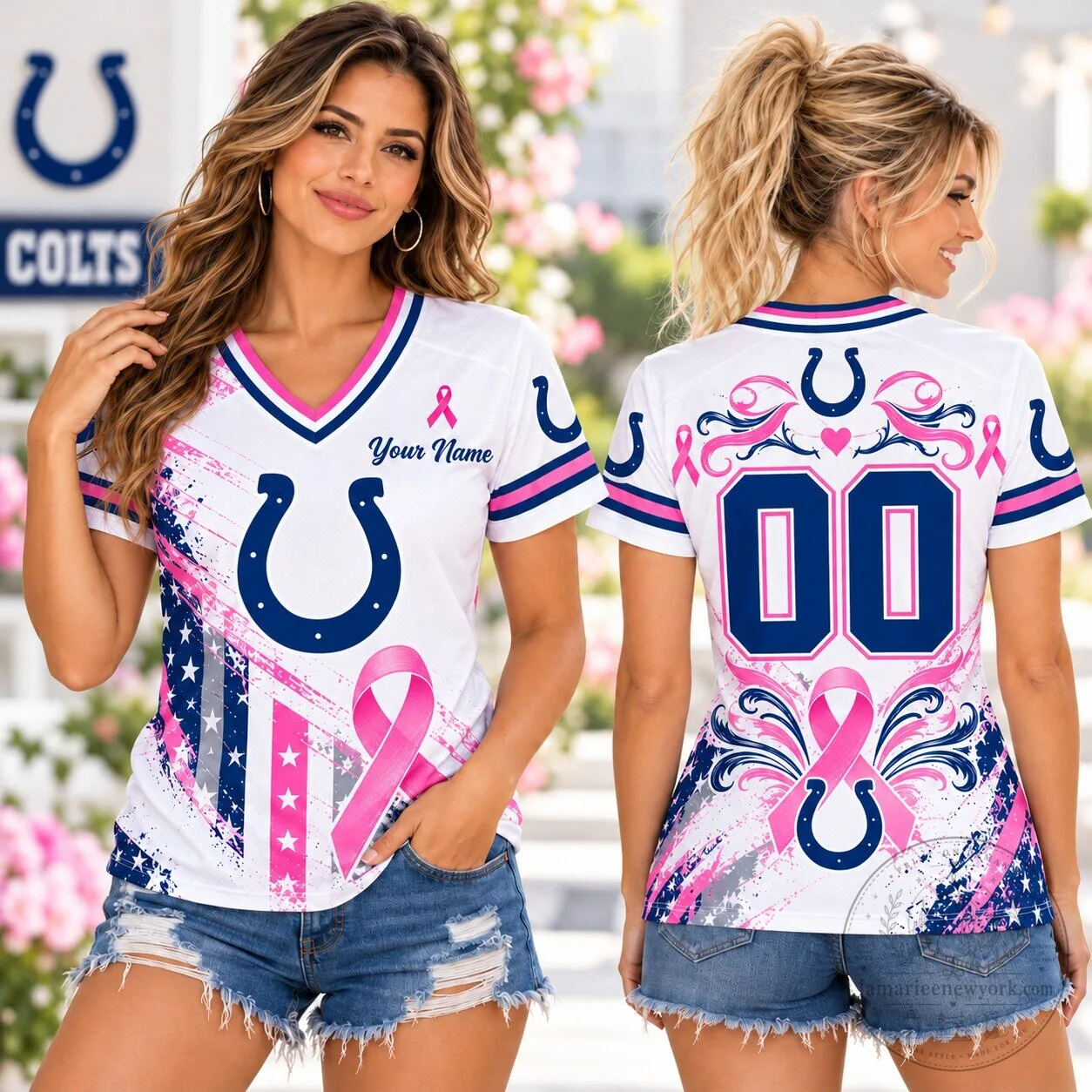 Indianapolis Colts Breast Cancer Awareness Pink Ribbon V-Neck T-Shirt