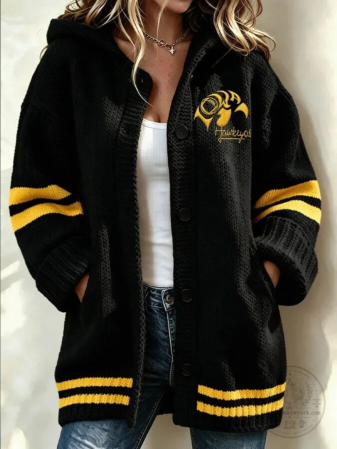 Iowa Hawkeyes Women's Black Knit Cardigan Hoodie
