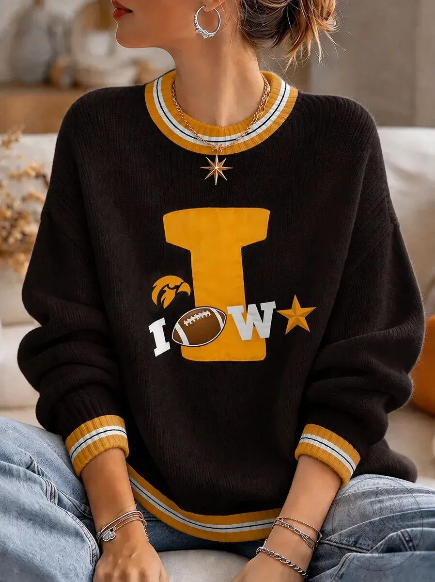 Iowa Hawkeyes Football Team Fan Black and Gold Crewneck Sweatshirt