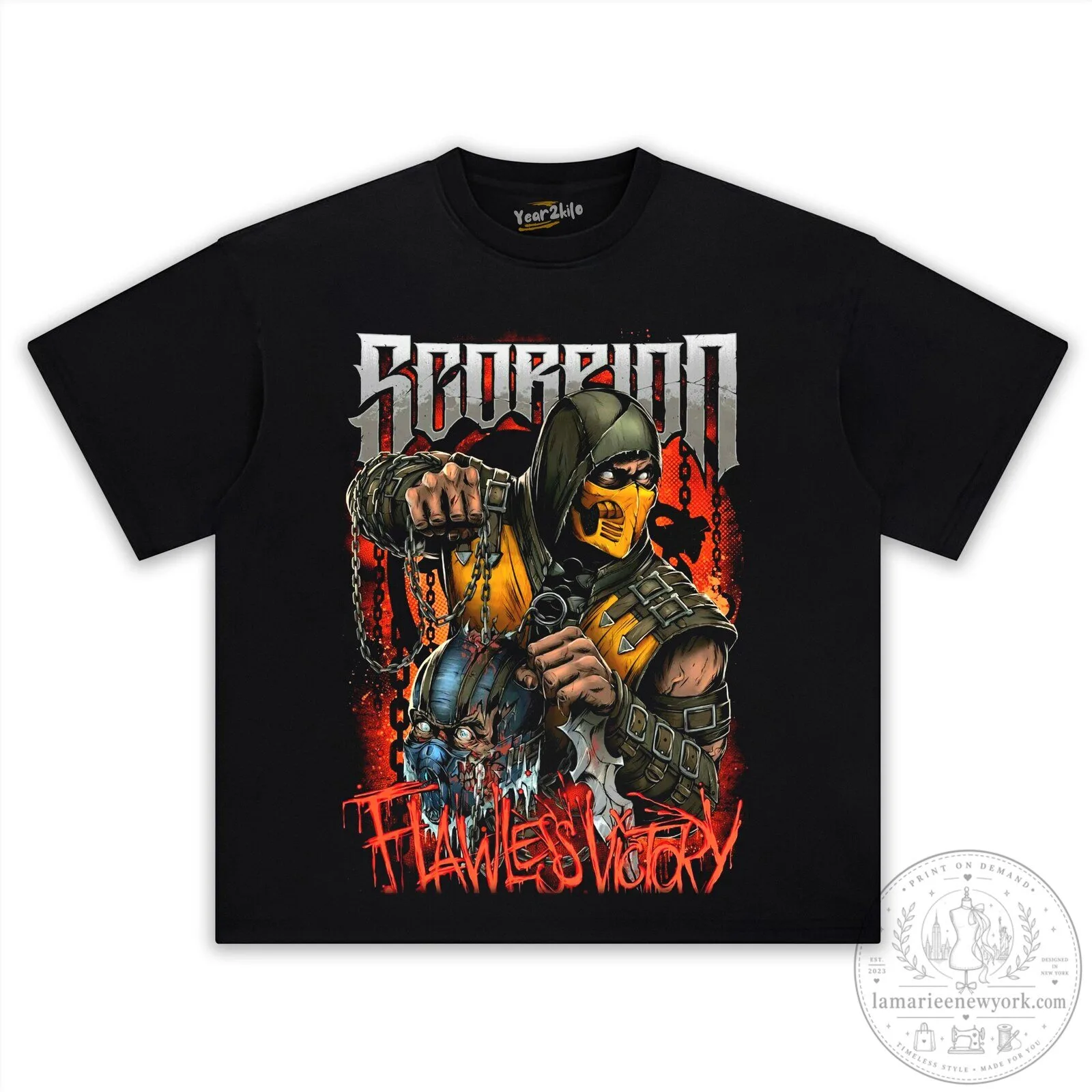 Mortal Kombat Scorpion Flawless Victory Video Game Black T-Shirt 2 Mortal Kombat Scorpion Flawless Victory Video Game Black T-Shirt