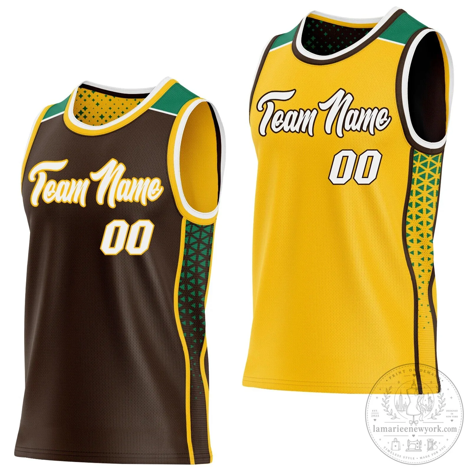 Custom Brown Gold Kelly Green Reversible Basketball Jersey with Side Panel Stripes