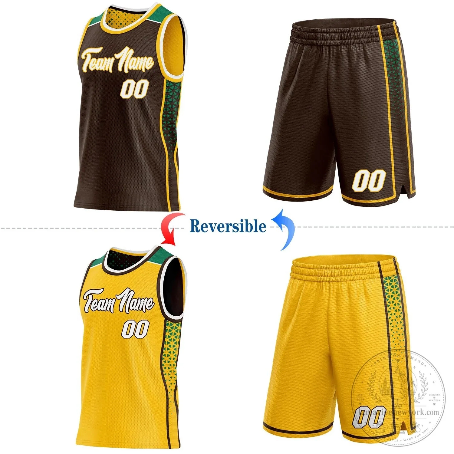 Custom Brown Gold Kelly Green Reversible Basketball Jersey with Side Panel Stripes 8 Custom Brown Gold Kelly Green Reversible Basketball Jersey with Side Panel Stripes