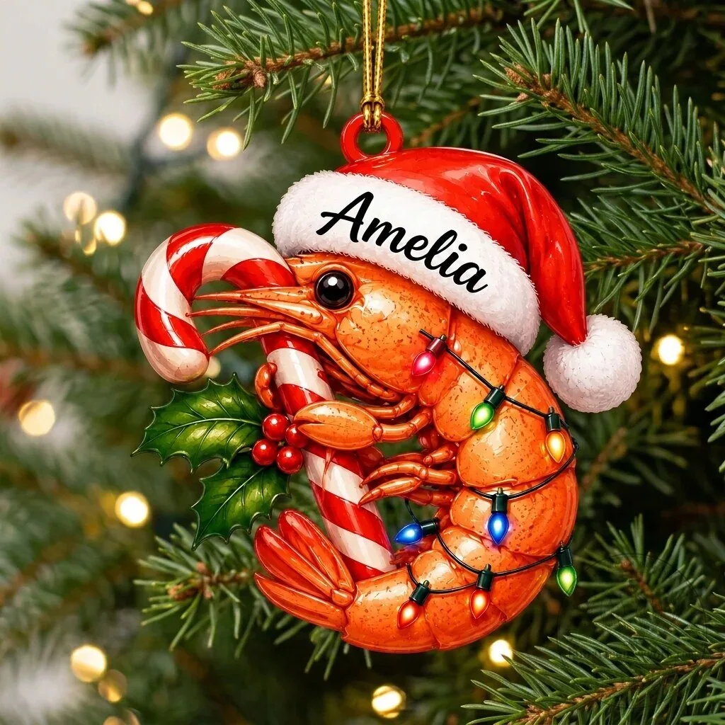 Personalized Christmas Shrimp with Candy Cane and Lights Holiday Ornament