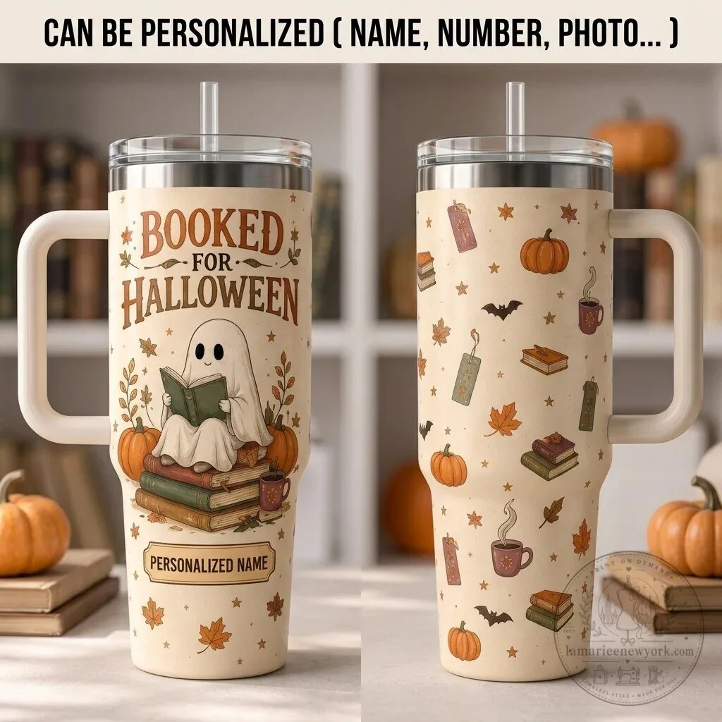 Booked For Halloween Ghost Reading Books Personalized 40oz Tumbler