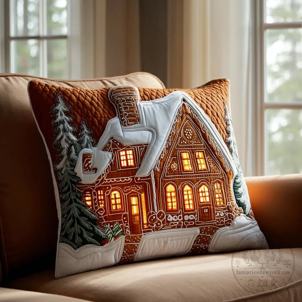 Gingerbread House Quilted Christmas Pillow Cover