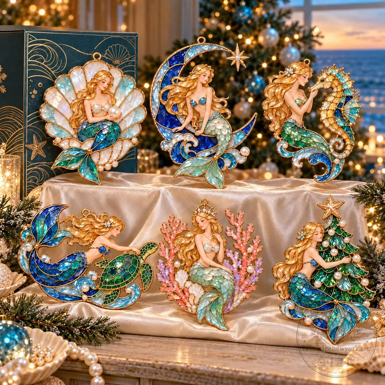 Ocean Enchantment Vintage Stained Glass Style Mermaid Christmas Ornaments Set