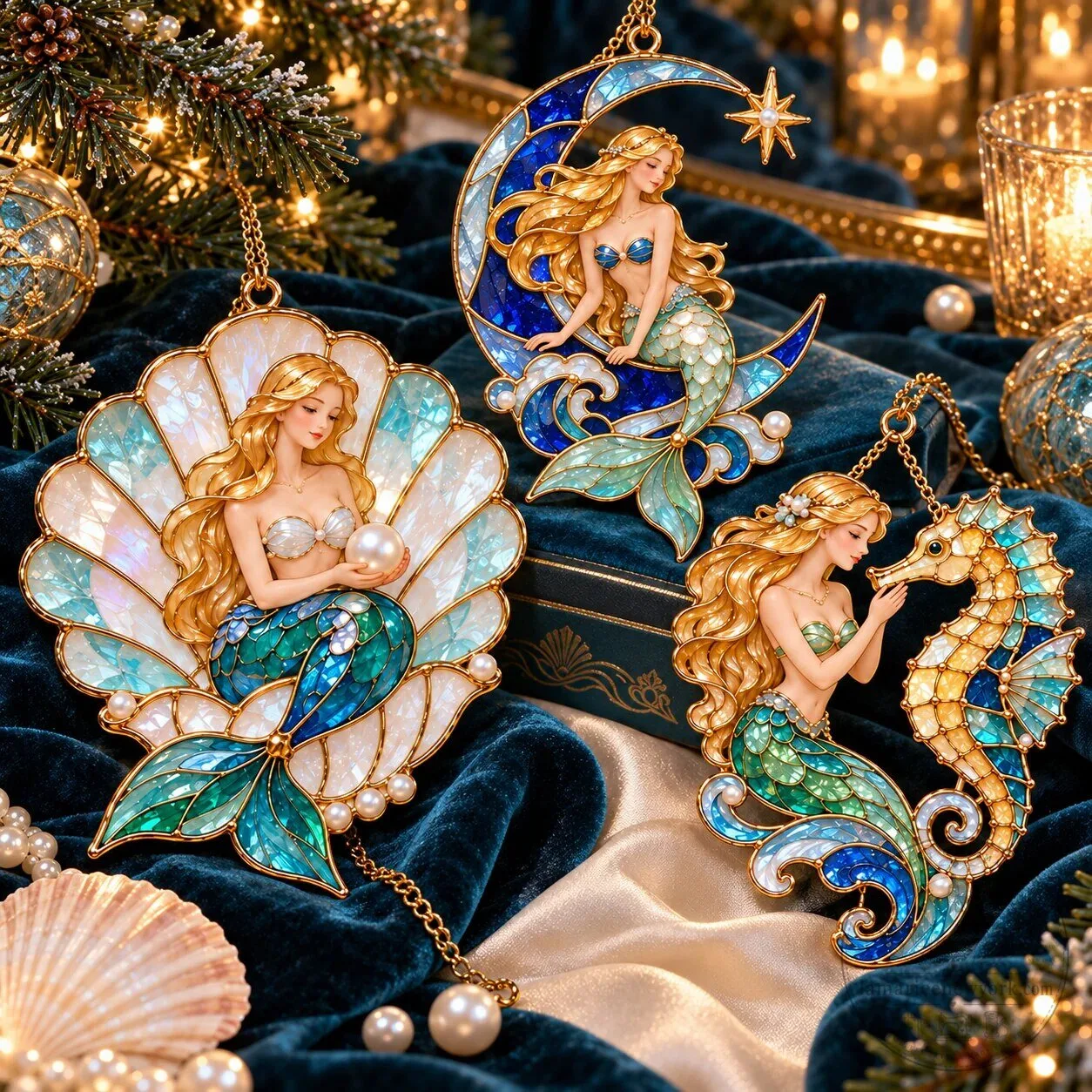 Ocean Enchantment Vintage Stained Glass Style Mermaid Christmas Ornaments Set 18 Ocean Enchantment Vintage Stained Glass Style Mermaid Christmas Ornaments Set