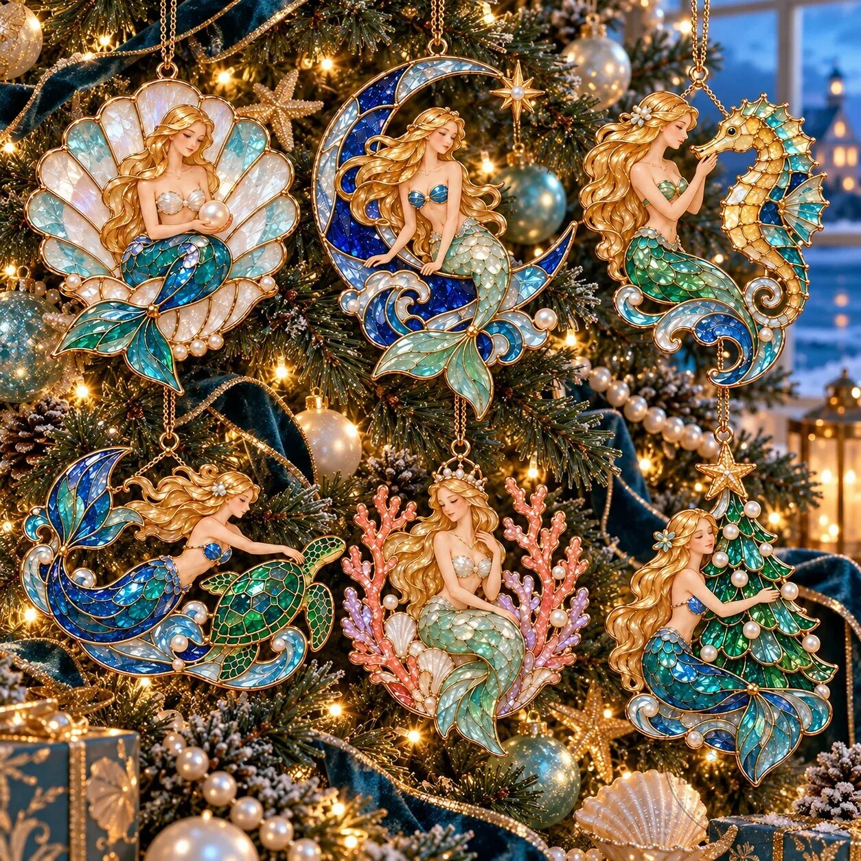 Ocean Enchantment Vintage Stained Glass Style Mermaid Christmas Ornaments Set 19 Ocean Enchantment Vintage Stained Glass Style Mermaid Christmas Ornaments Set