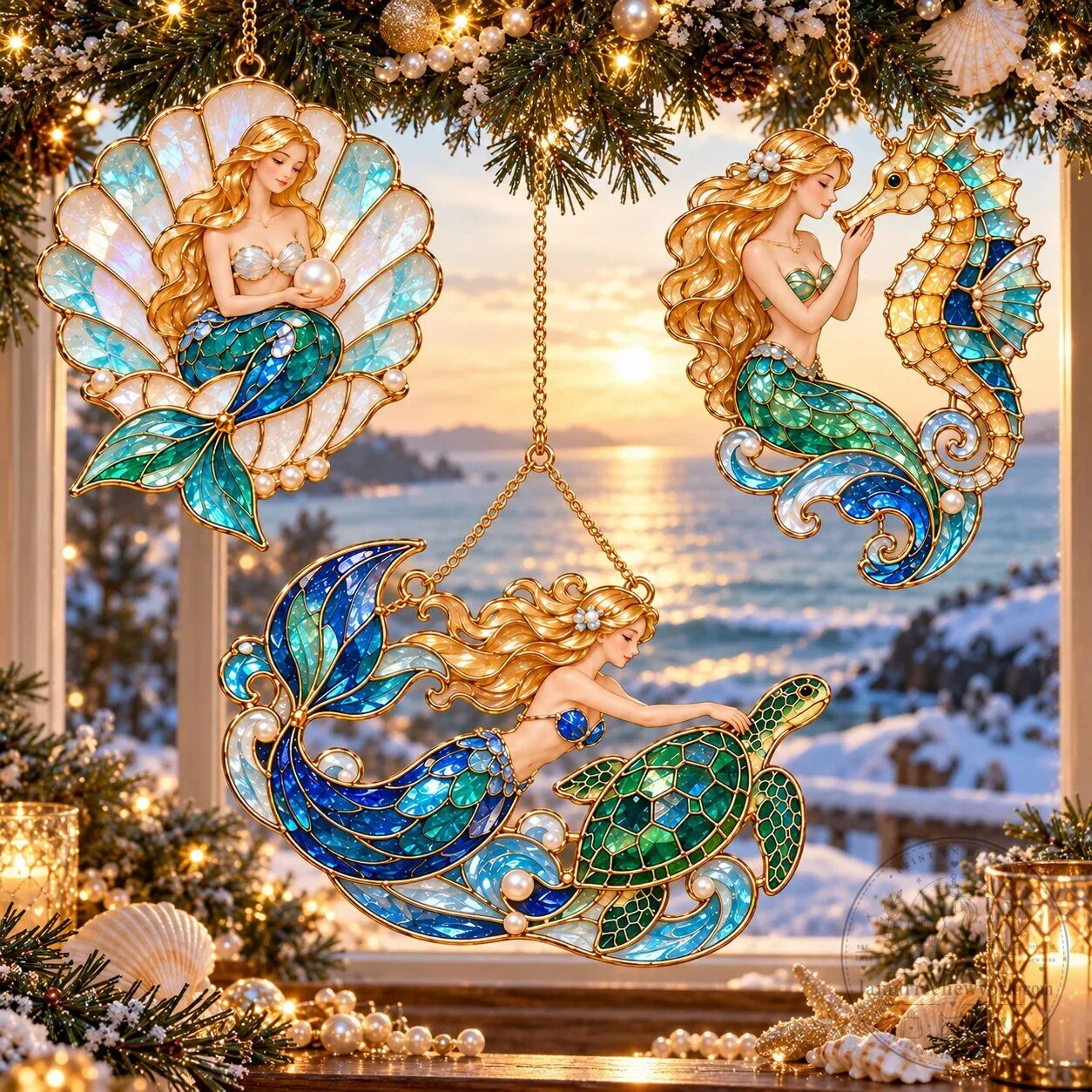 Ocean Enchantment Vintage Stained Glass Style Mermaid Christmas Ornaments Set 23 Ocean Enchantment Vintage Stained Glass Style Mermaid Christmas Ornaments Set