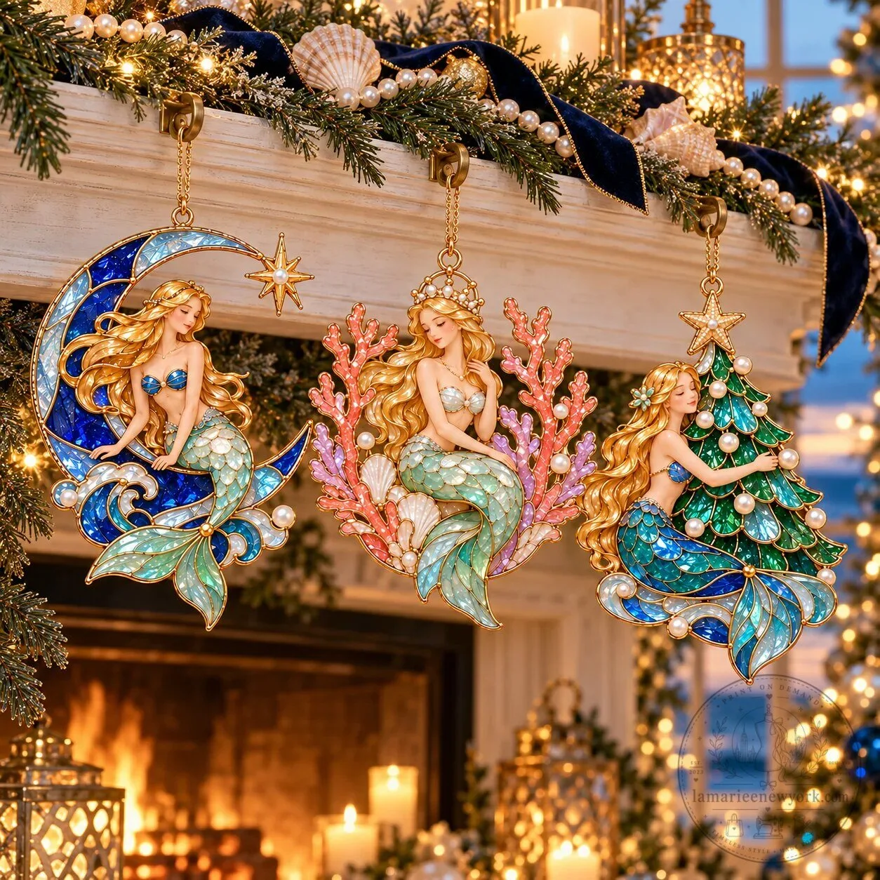 Ocean Enchantment Vintage Stained Glass Style Mermaid Christmas Ornaments Set 24 Ocean Enchantment Vintage Stained Glass Style Mermaid Christmas Ornaments Set