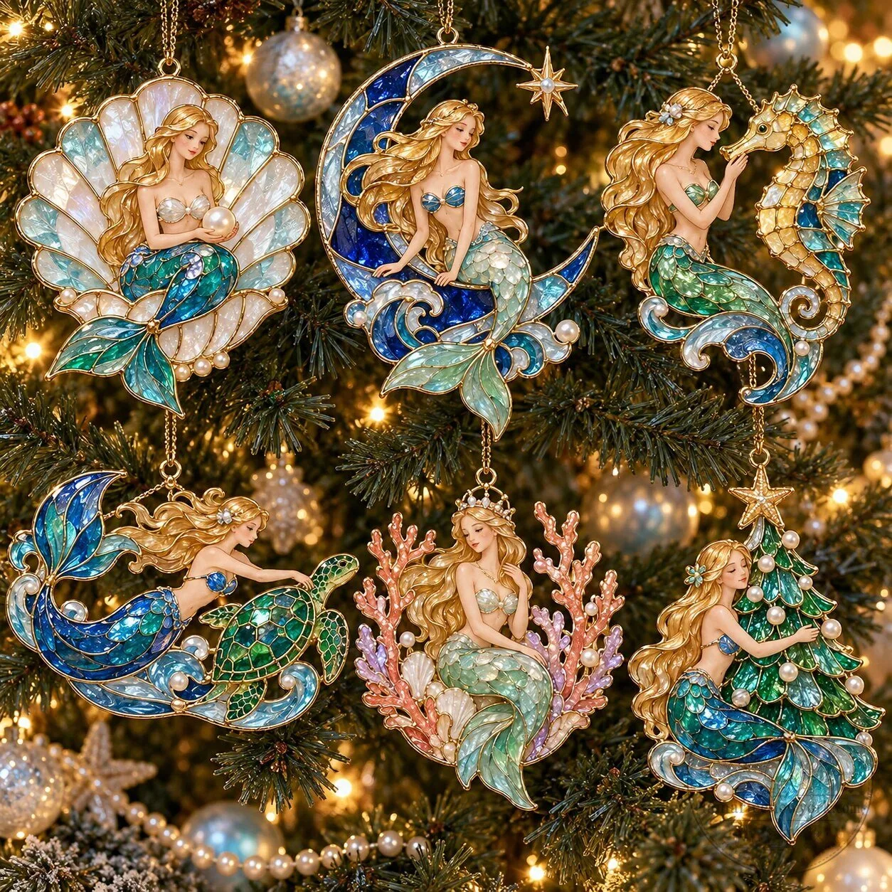 Ocean Enchantment Vintage Stained Glass Style Mermaid Christmas Ornaments Set 33 Ocean Enchantment Vintage Stained Glass Style Mermaid Christmas Ornaments Set