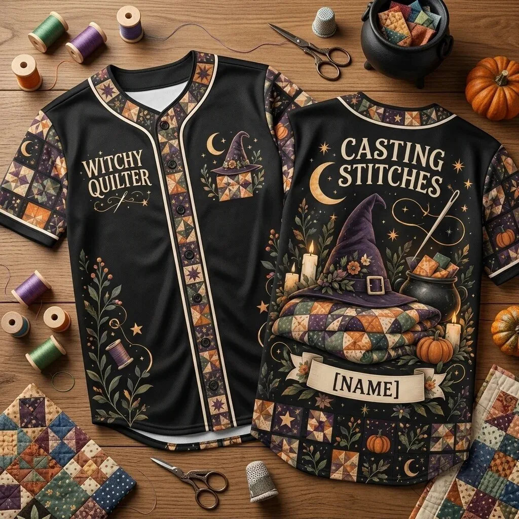 Witchy Quilter Casting Stitches Personalized Baseball Jersey