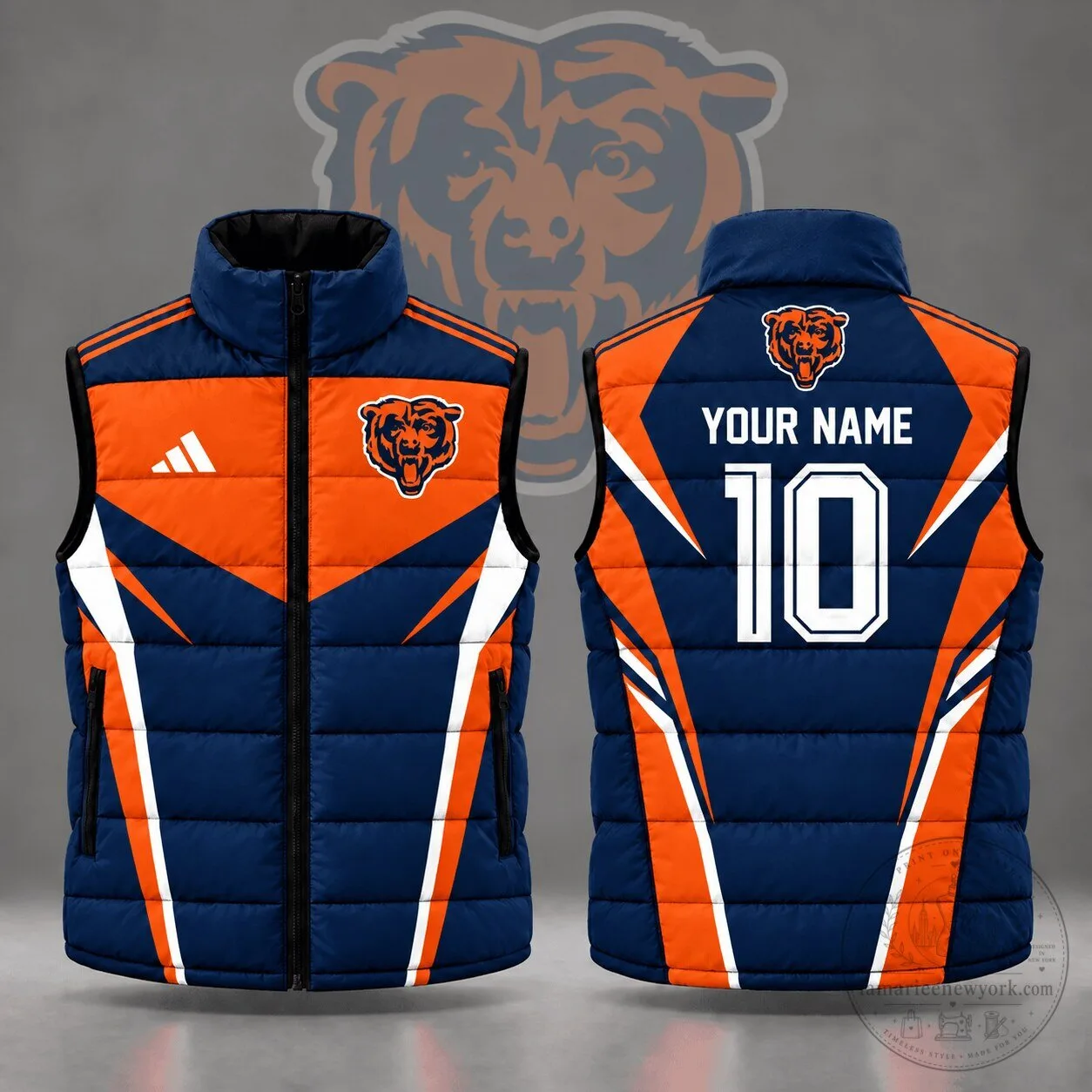 Chicago Bears NFL Custom Name Number Bold Chevron Colorblock Puffer Vest