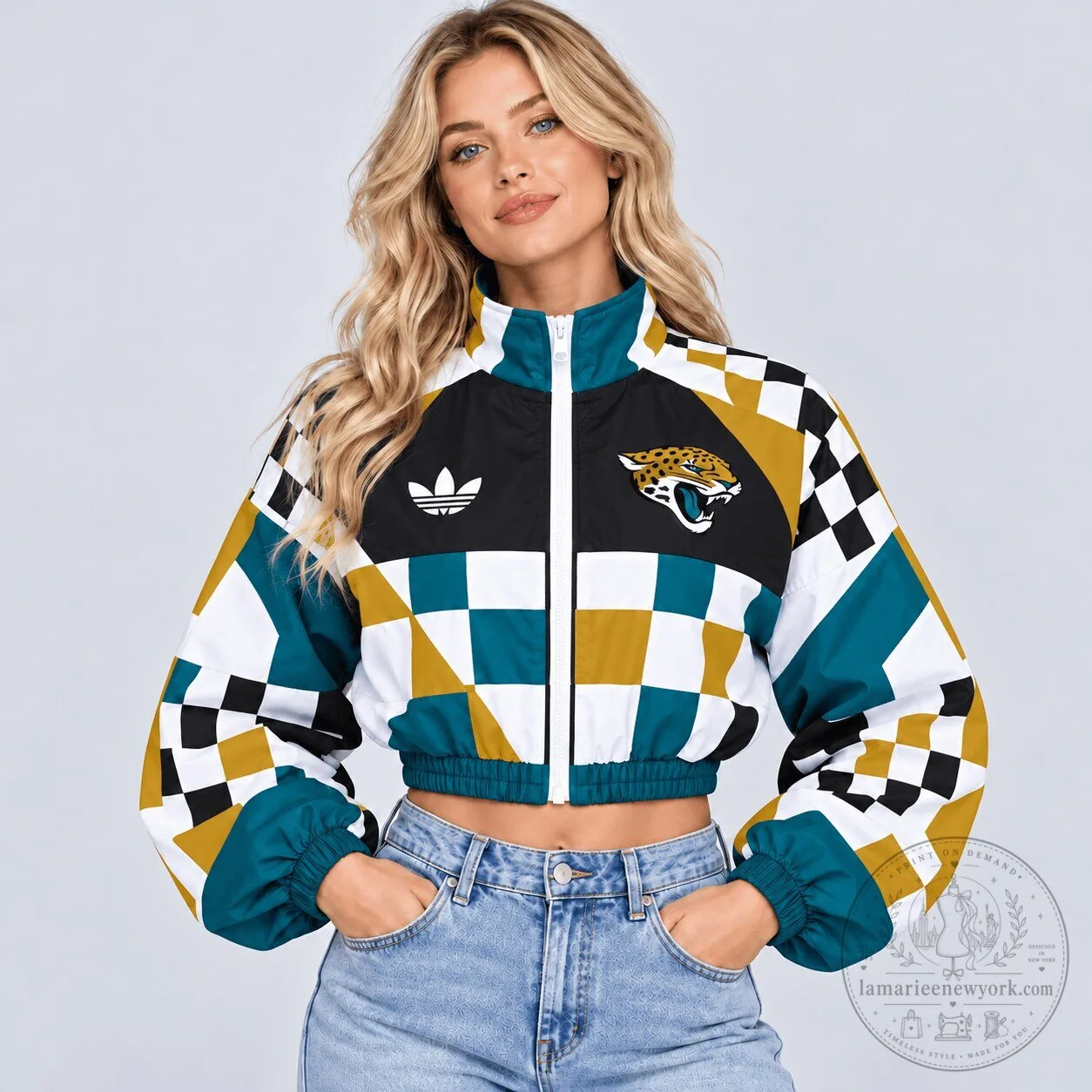 Jacksonville Jaguars NFL Retro Racing Checkered Flag Cropped Windbreaker Jacket