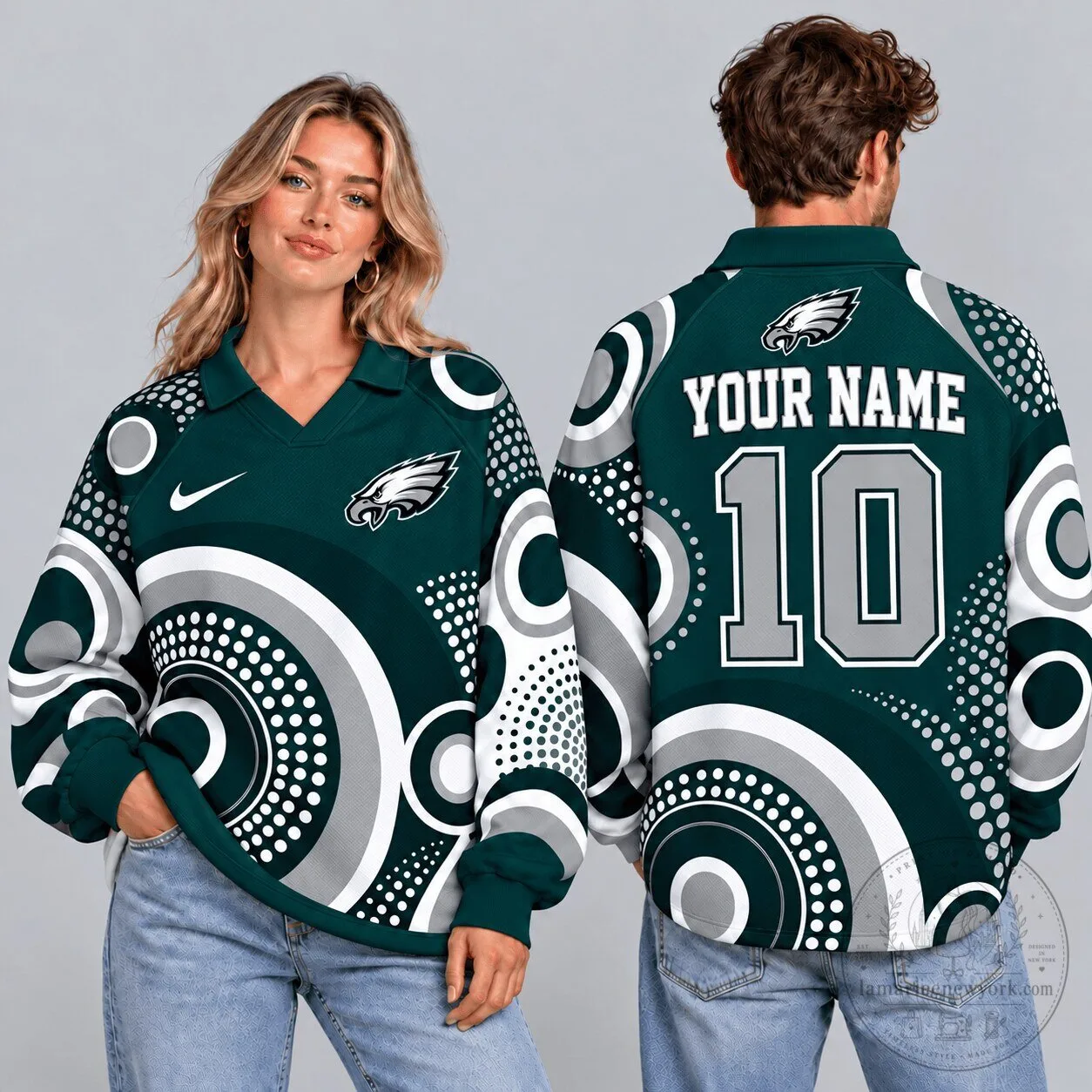 Philadelphia Eagles Custom Name Number Geometric Circle Print Long Sleeve Polo Shirt