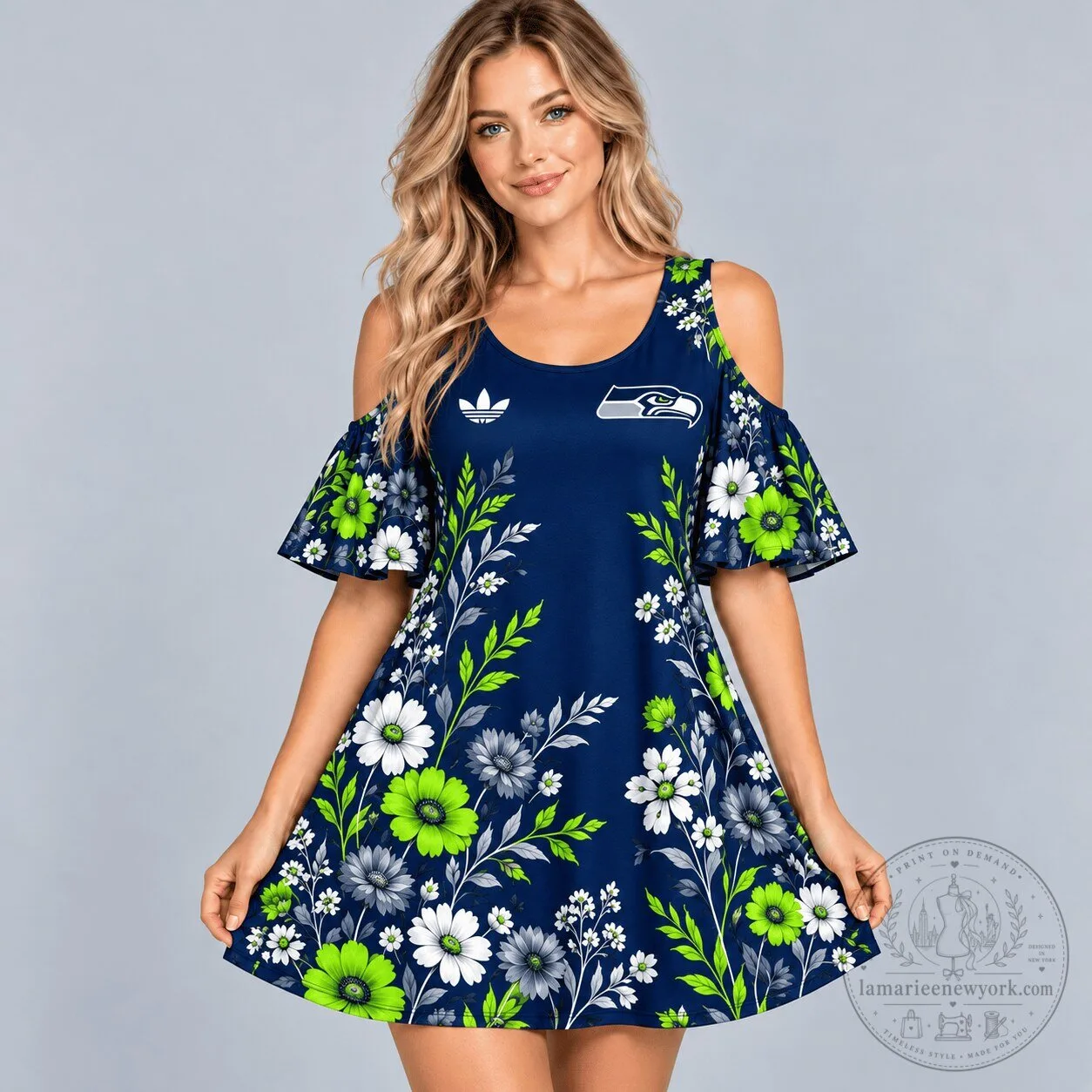 Seattle Seahawks Elegant Floral Print Cold Shoulder Ruffle Sleeve Mini Dress
