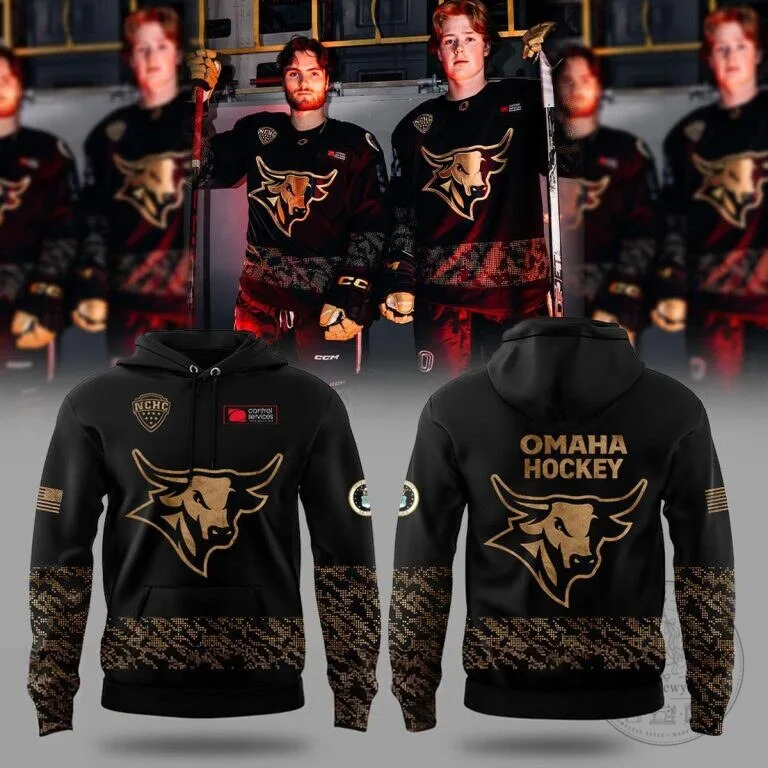 Omaha Mavericks Hockey Team Military Appreciation Black and Gold Hoodie