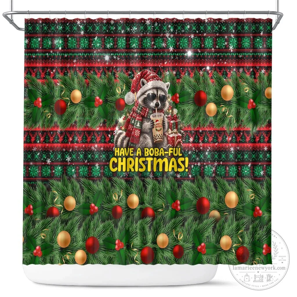 Funny Christmas Raccoon Drinking Boba Tea Holiday Shower Curtain