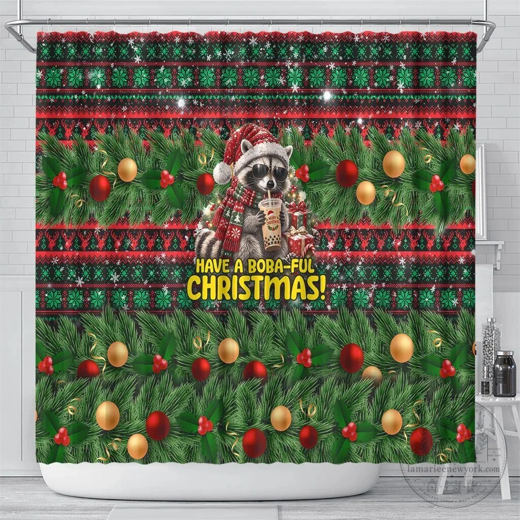 Funny Christmas Raccoon Drinking Boba Tea Holiday Shower Curtain 6 Funny Christmas Raccoon Drinking Boba Tea Holiday Shower Curtain