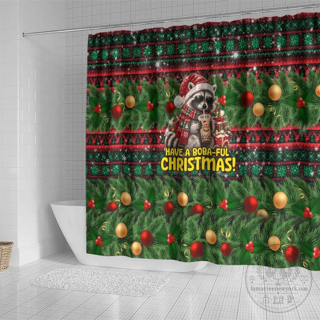 Funny Christmas Raccoon Drinking Boba Tea Holiday Shower Curtain 7 Funny Christmas Raccoon Drinking Boba Tea Holiday Shower Curtain