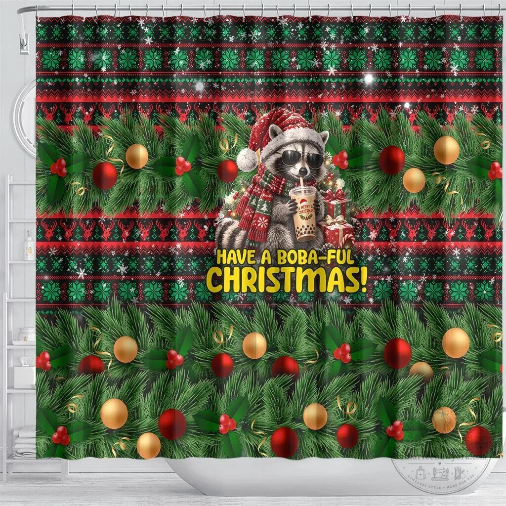 Funny Christmas Raccoon Drinking Boba Tea Holiday Shower Curtain 8 Funny Christmas Raccoon Drinking Boba Tea Holiday Shower Curtain