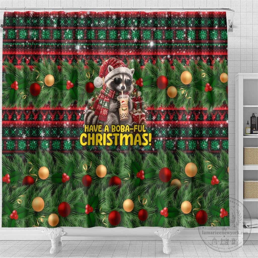 Funny Christmas Raccoon Drinking Boba Tea Holiday Shower Curtain 9 Funny Christmas Raccoon Drinking Boba Tea Holiday Shower Curtain