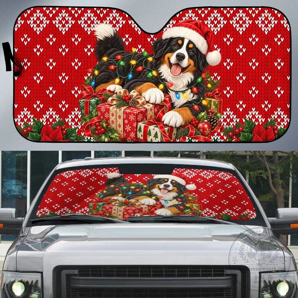 Bernese Mountain Dog Christmas Sweater Pattern Car Sunshade with Santa Hat and Lights