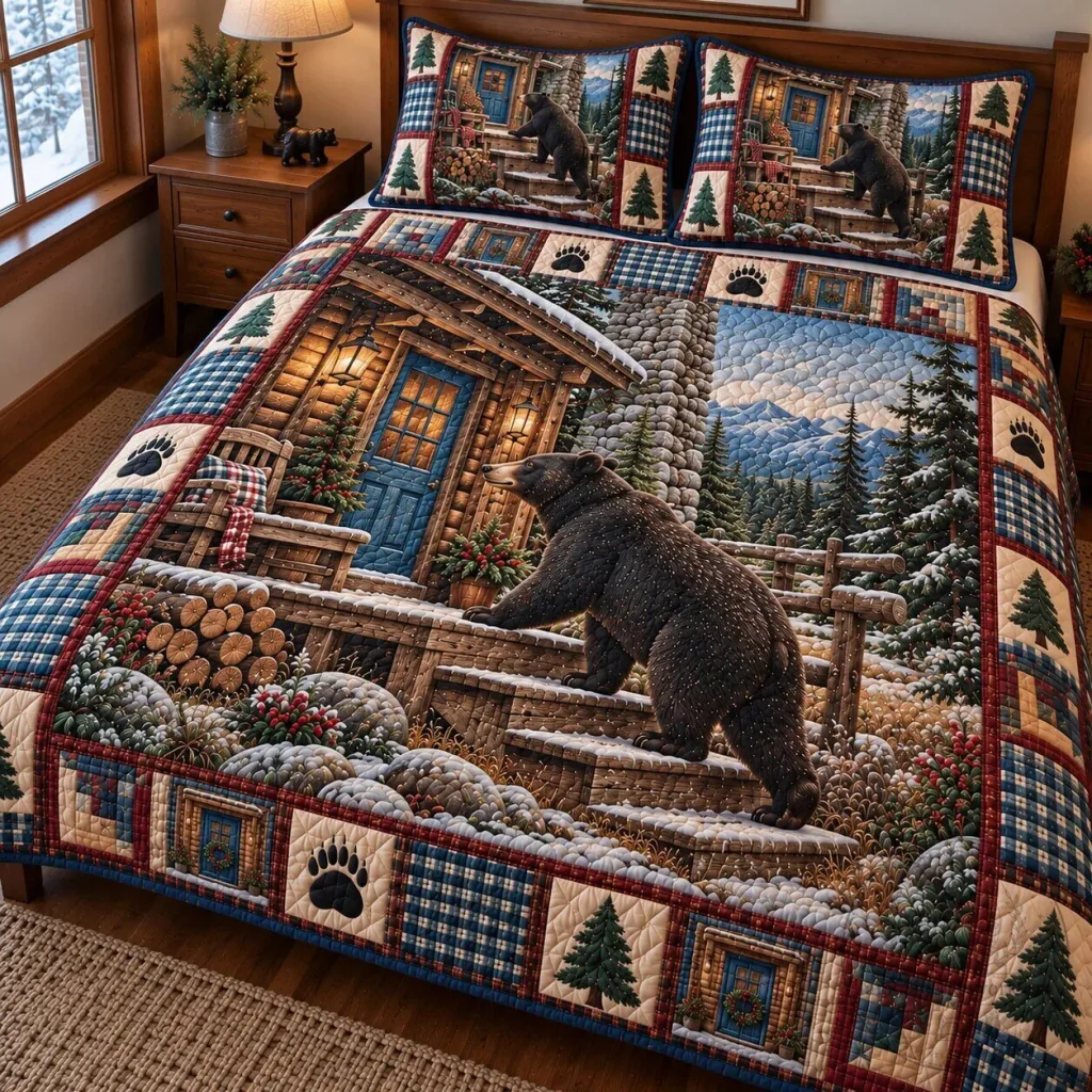 Rustic Black Bear Cabin Winter Landscape Quilted Bedding Set Rustic Black Bear Cabin Winter Landscape Quilted Bedding Set