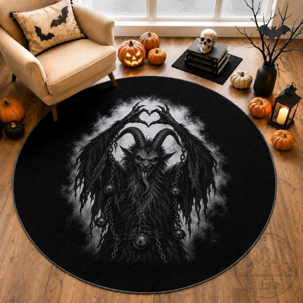 Scary Krampus Making Heart Hands Funny Gothic Horror Christmas Round Rug Scary Krampus Making Heart Hands Funny Gothic Horror Christmas Round Rug