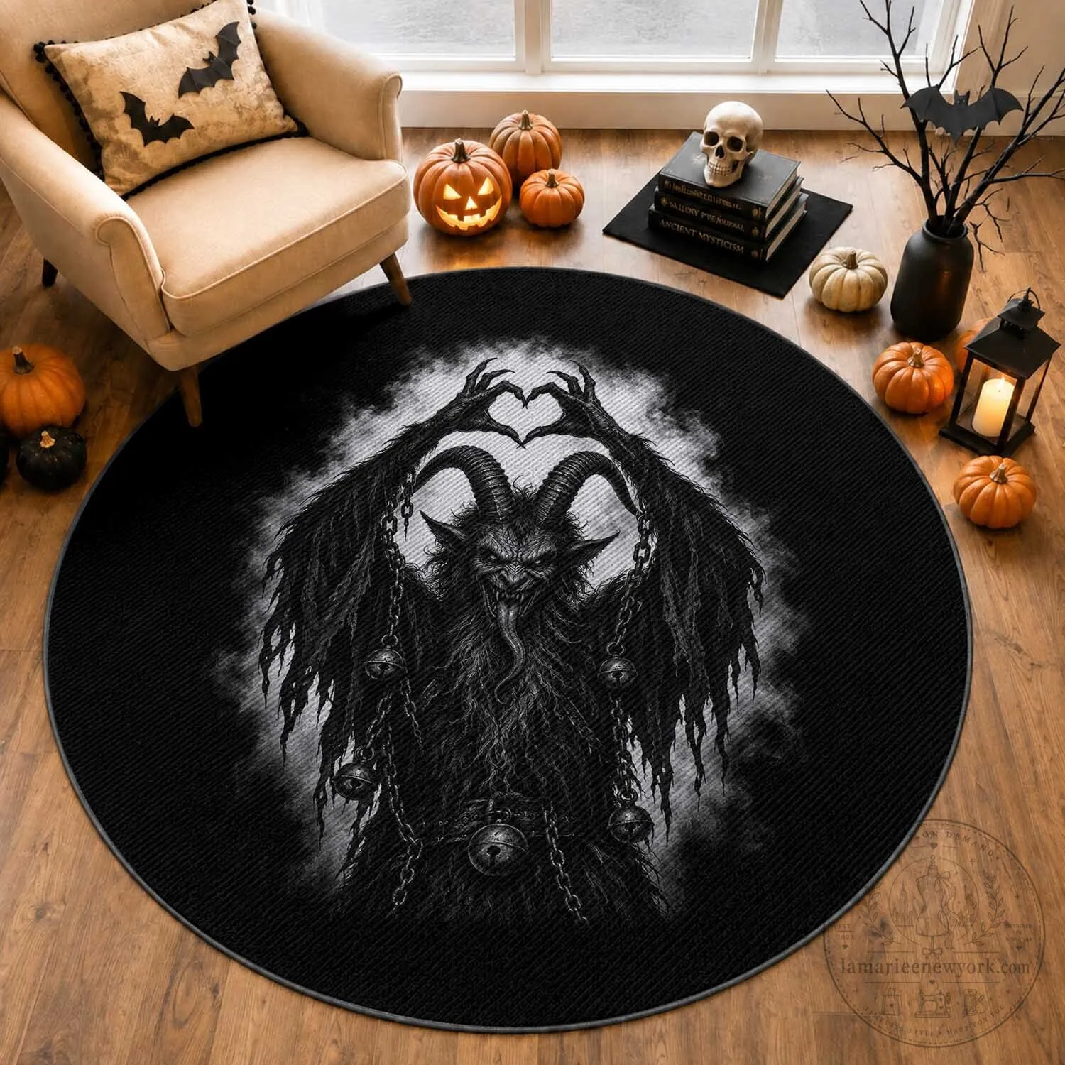 Scary Krampus Making Heart Hands Funny Gothic Horror Christmas Round Rug