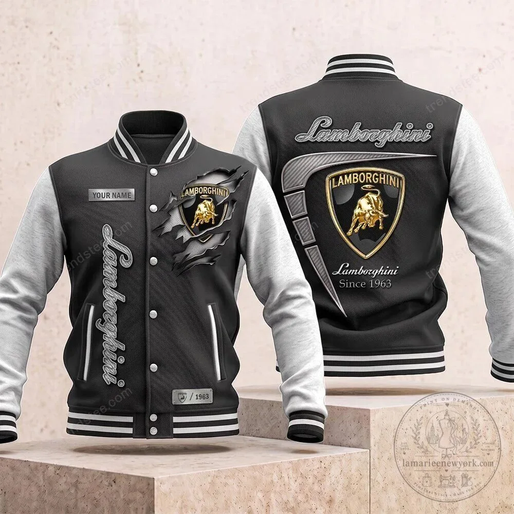 Lamborghini Car Racing Team Black and White Varsity Jacket