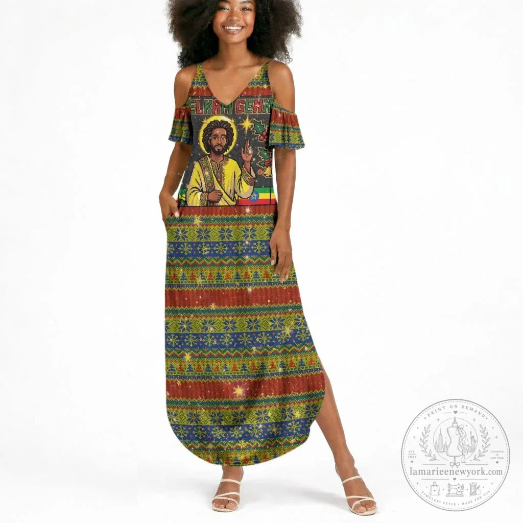 Ethiopian Melkam Genna Jesus Christ Christmas Cold Shoulder Maxi Dress