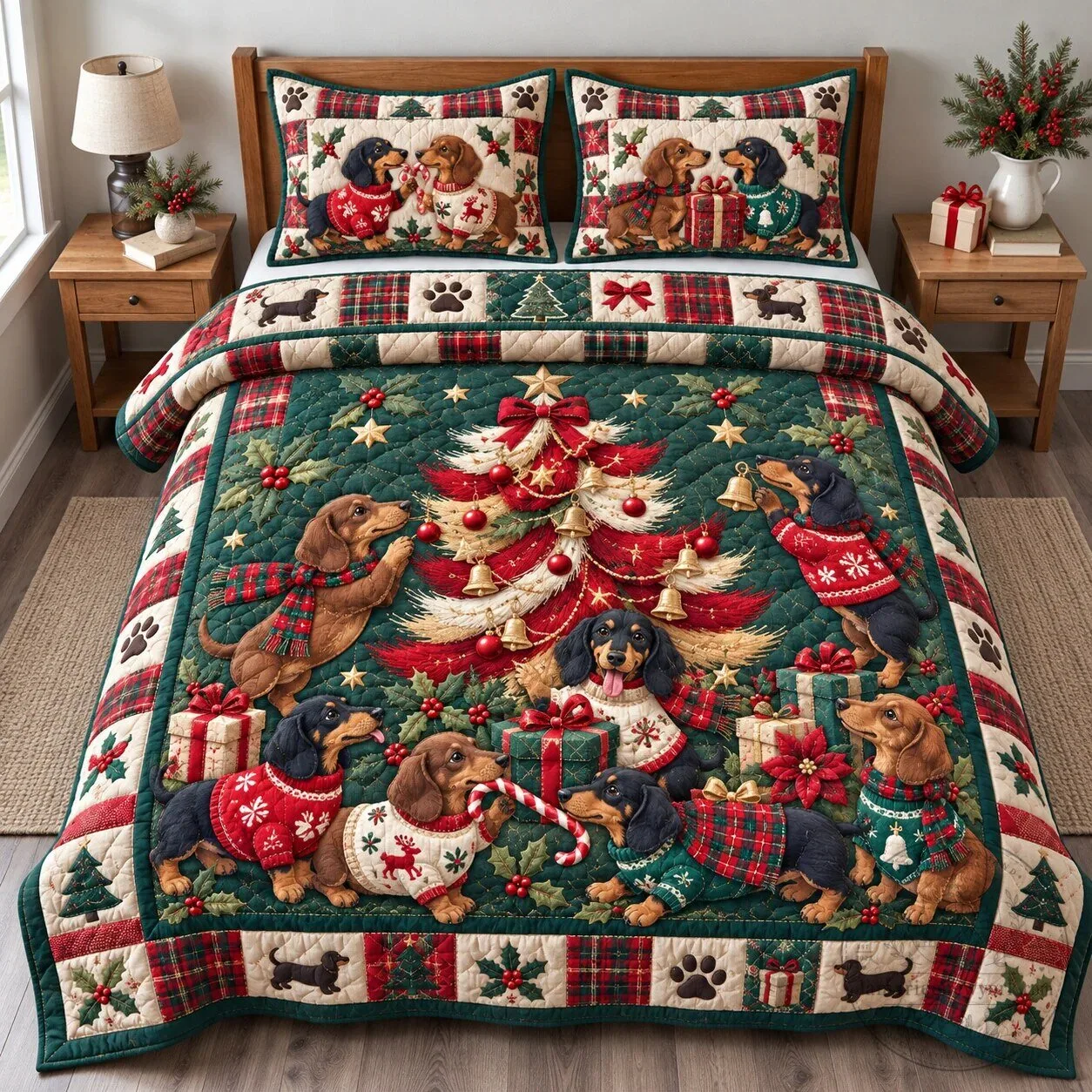 Dachshund Christmas Holiday Quilted Bedding Set 5 Dachshund Christmas Holiday Quilted Bedding Set