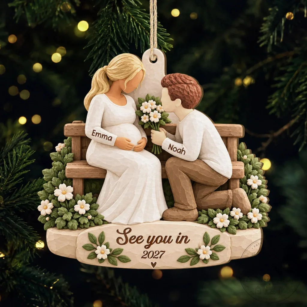 Some of us grew up listening to The Police … and the cool ones still do. ✨ 33 Personalized Expecting Parents Couple on Bench Christmas Ornament