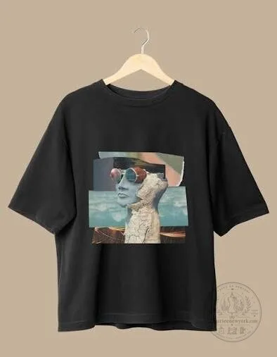 Abstract Art Collage Print Oversized Black Cotton Fashion T-Shirt