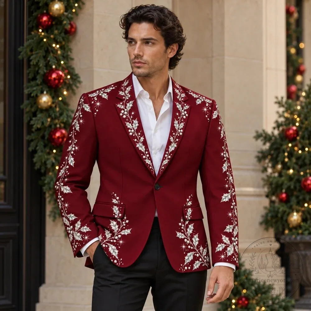 Burgundy Christmas Holly Embroidered Blazer Jacket for Men