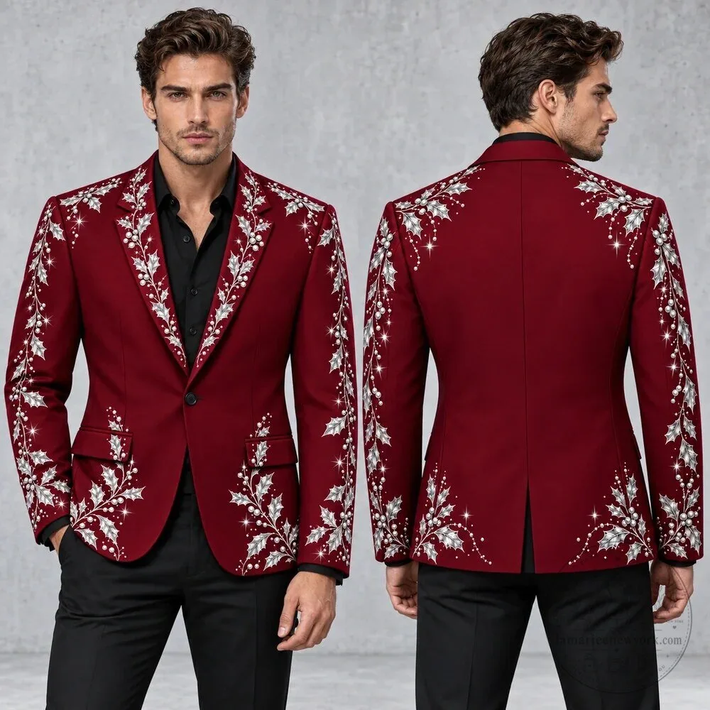 Burgundy Christmas Holly Embroidered Blazer Jacket for Men 11 Burgundy Christmas Holly Embroidered Blazer Jacket for Men