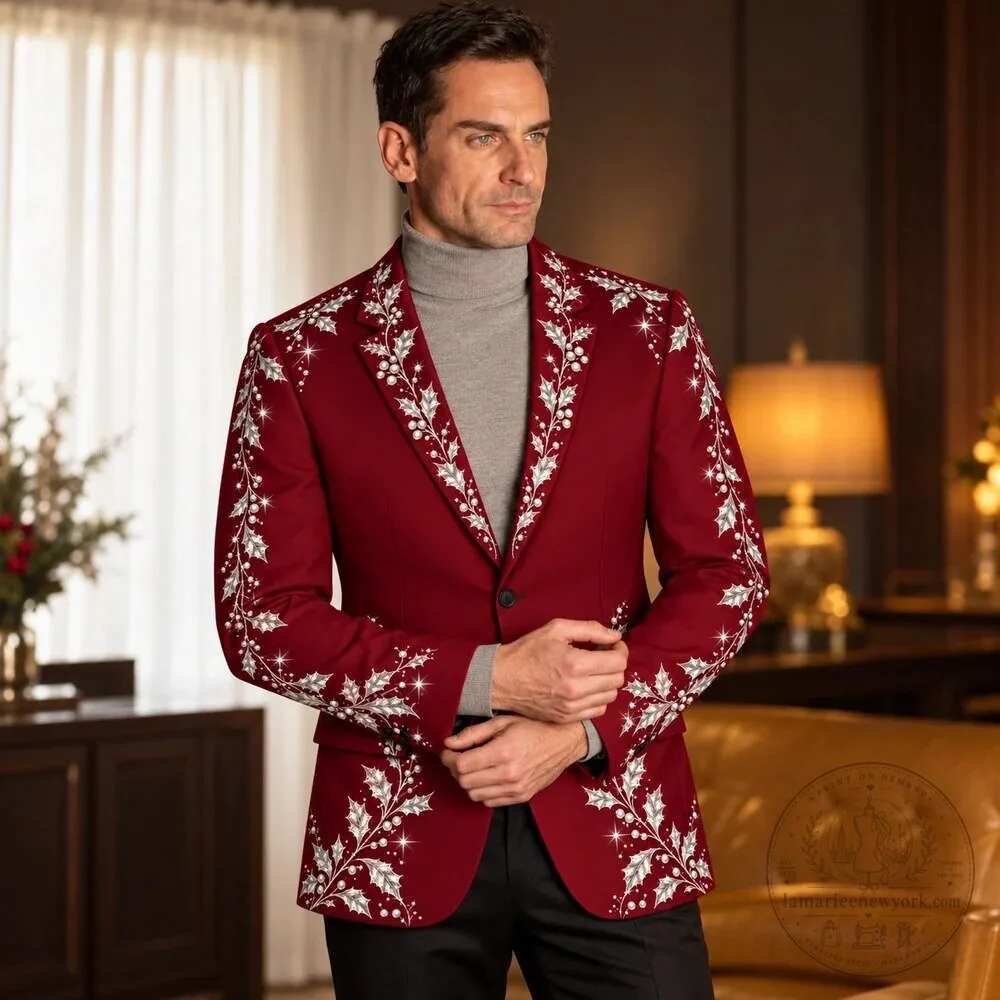 Burgundy Christmas Holly Embroidered Blazer Jacket for Men 12 Burgundy Christmas Holly Embroidered Blazer Jacket for Men