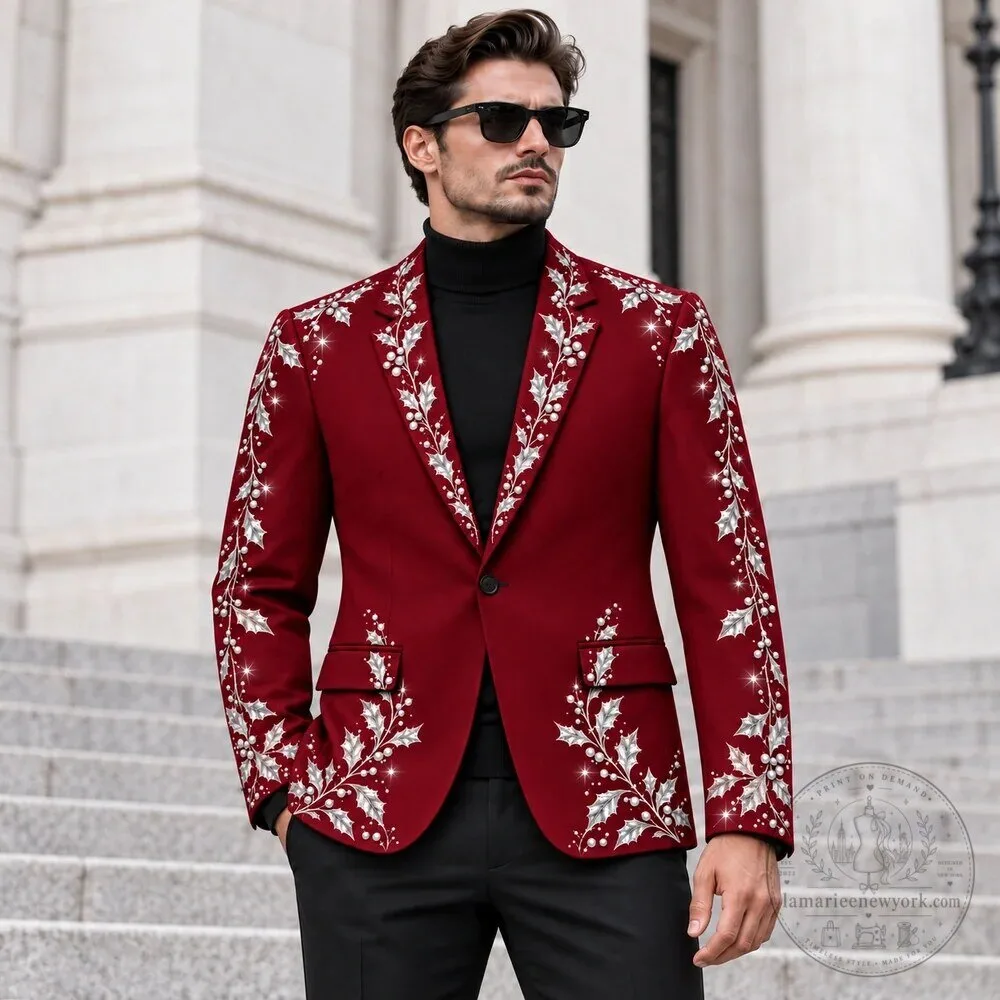 Burgundy Christmas Holly Embroidered Blazer Jacket for Men 13 Burgundy Christmas Holly Embroidered Blazer Jacket for Men