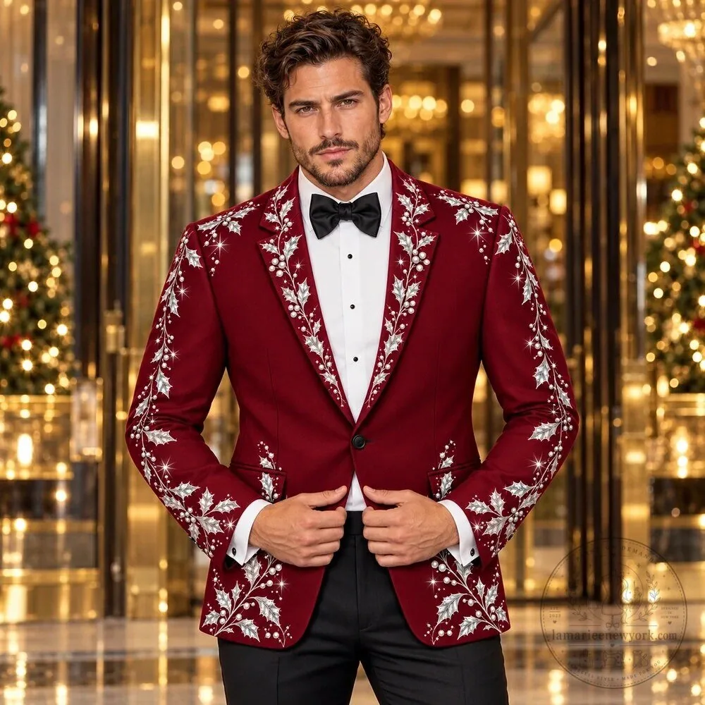 Burgundy Christmas Holly Embroidered Blazer Jacket for Men 14 Burgundy Christmas Holly Embroidered Blazer Jacket for Men