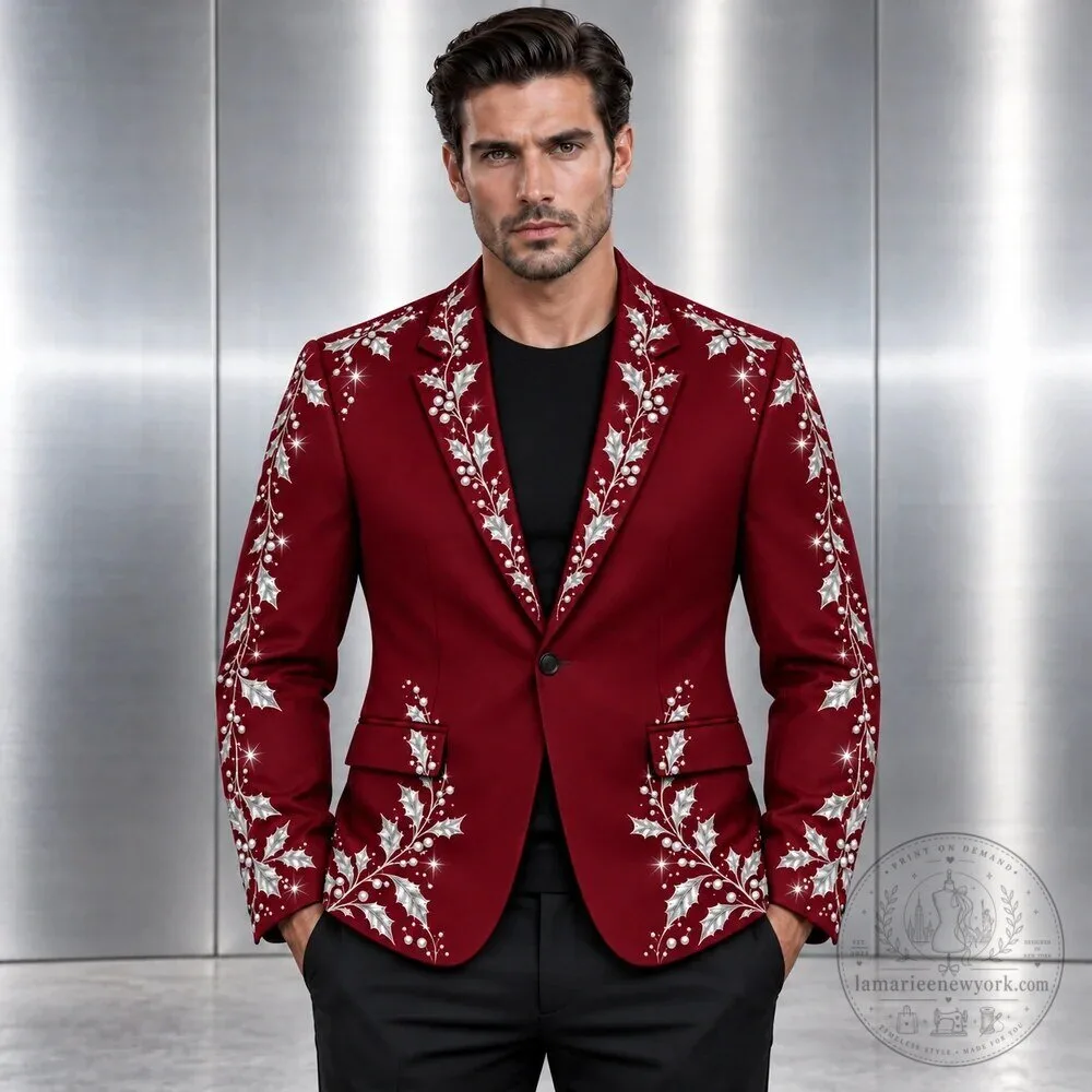 Burgundy Christmas Holly Embroidered Blazer Jacket for Men 15 Burgundy Christmas Holly Embroidered Blazer Jacket for Men