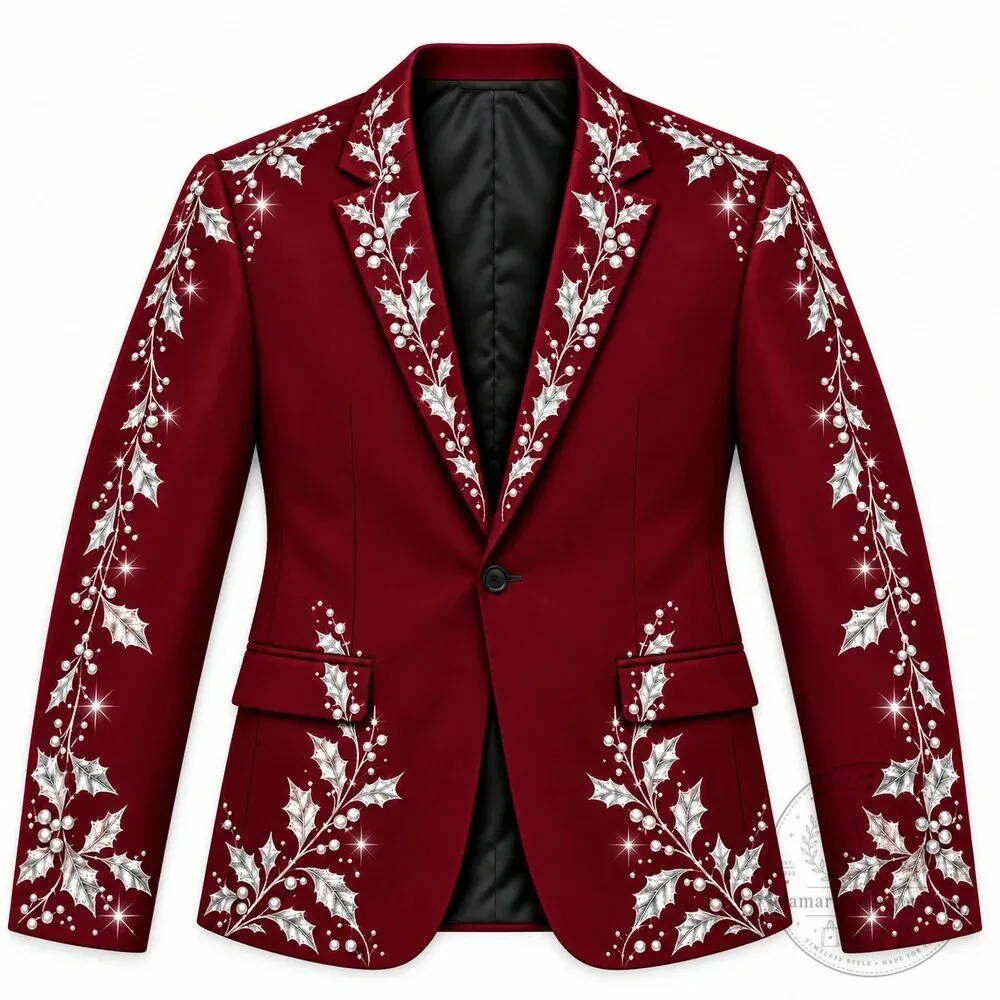 Burgundy Christmas Holly Embroidered Blazer Jacket for Men 16 Burgundy Christmas Holly Embroidered Blazer Jacket for Men