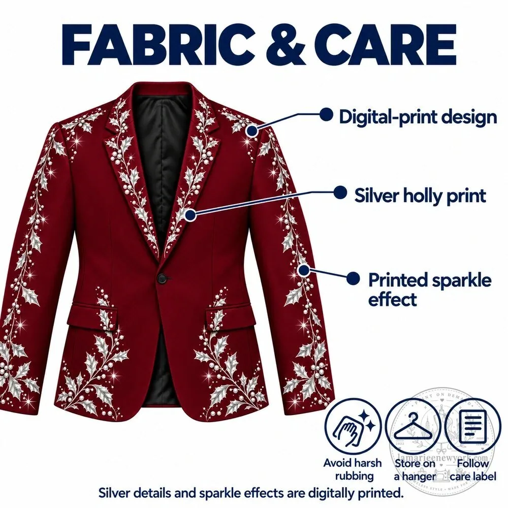 Burgundy Christmas Holly Embroidered Blazer Jacket for Men 18 Burgundy Christmas Holly Embroidered Blazer Jacket for Men