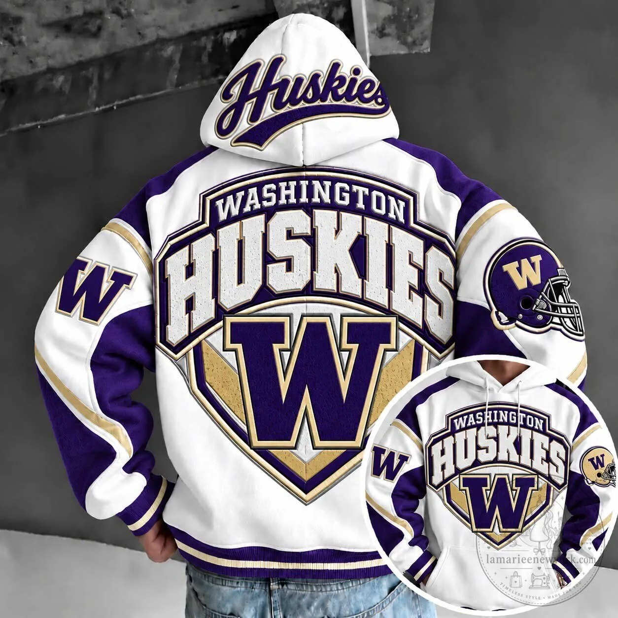 Washington Huskies Football Team White and Purple Fan Hoodie