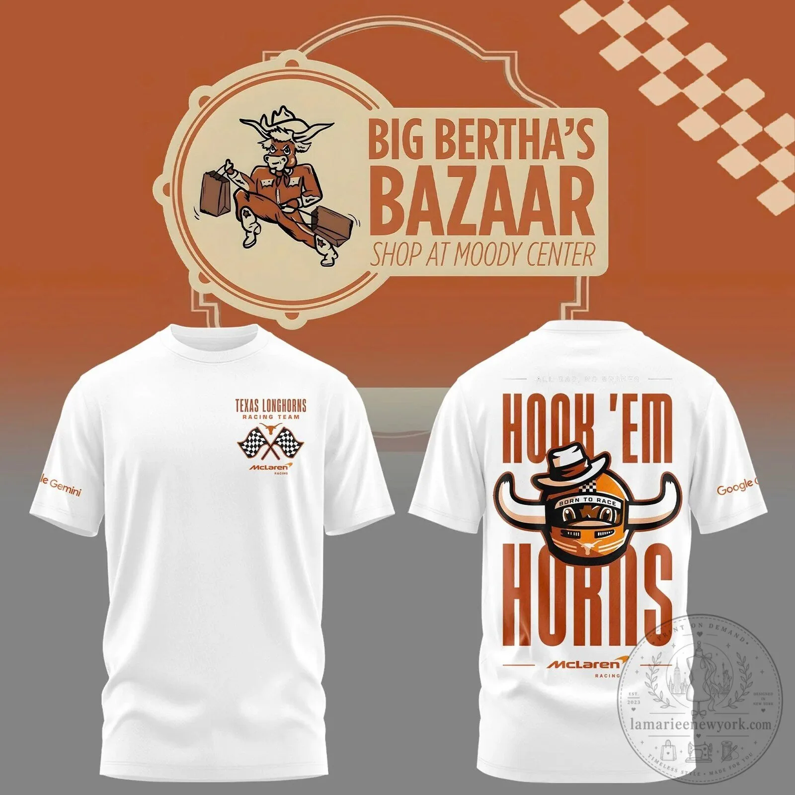 White T-Shirt featuring McLaren and Hook 'Em Horns for the Texas Longhorns Racing Team