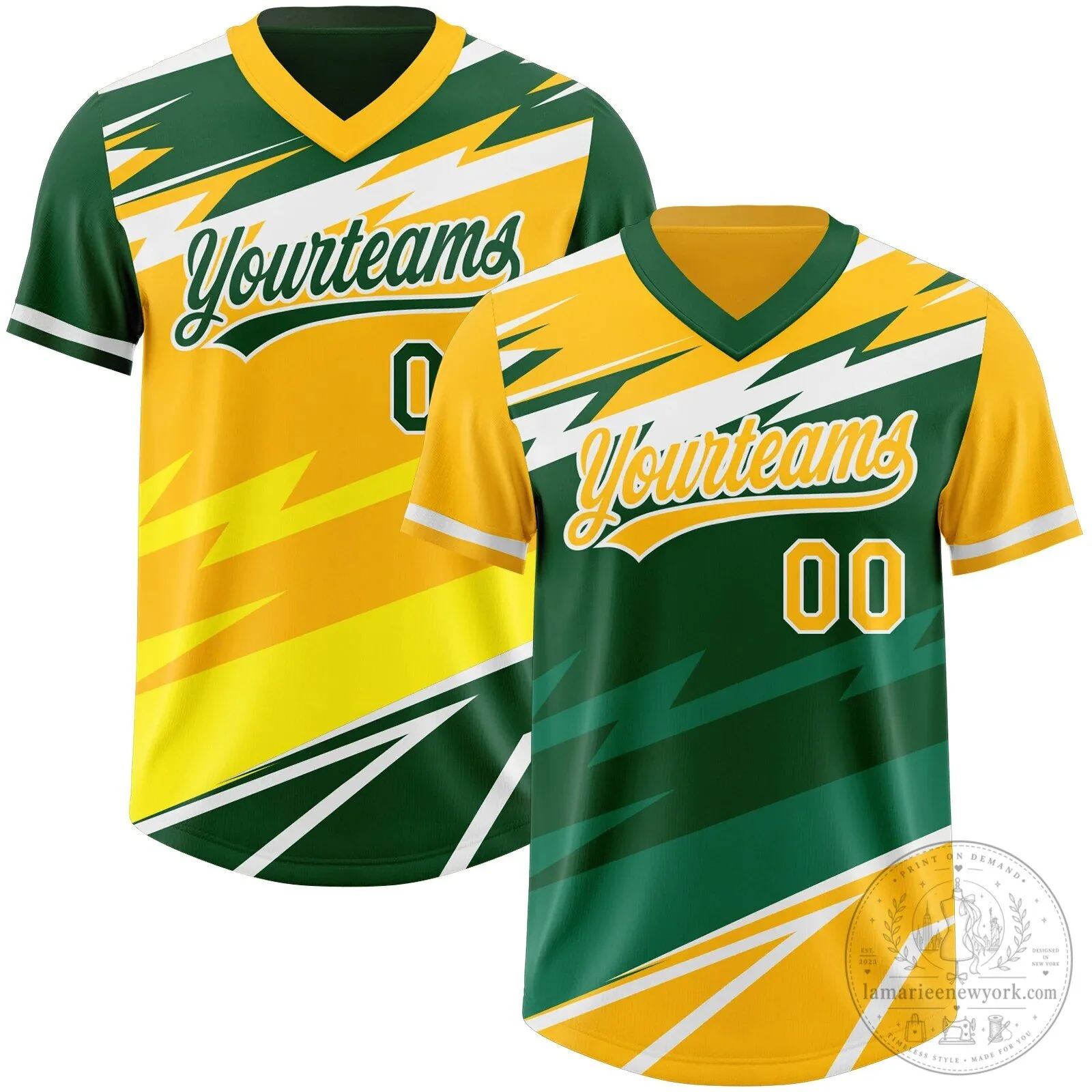 Custom Gold Green Lightning Geometric Zigzag Reversible Baseball Jersey
