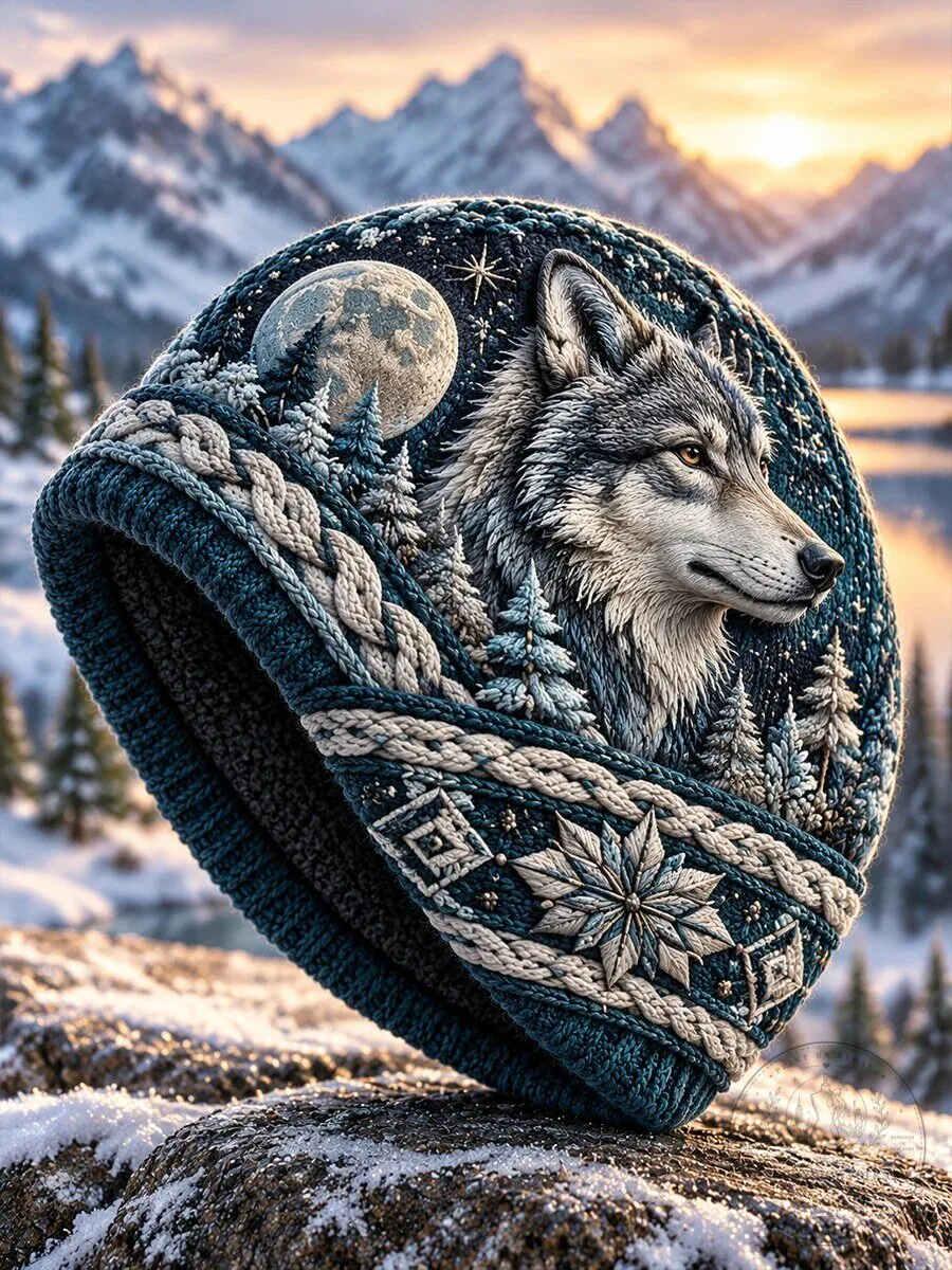 Winter Wolf Full Moon Forest Snowflakes Knitted Beanie Cap Hat