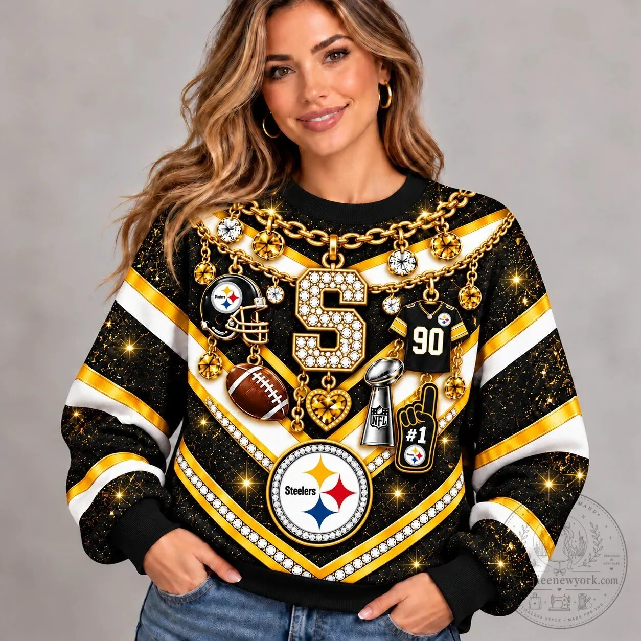 Pittsburgh Steelers NFL Bling Diamond Chain Black Gold Striped Sweatshirt