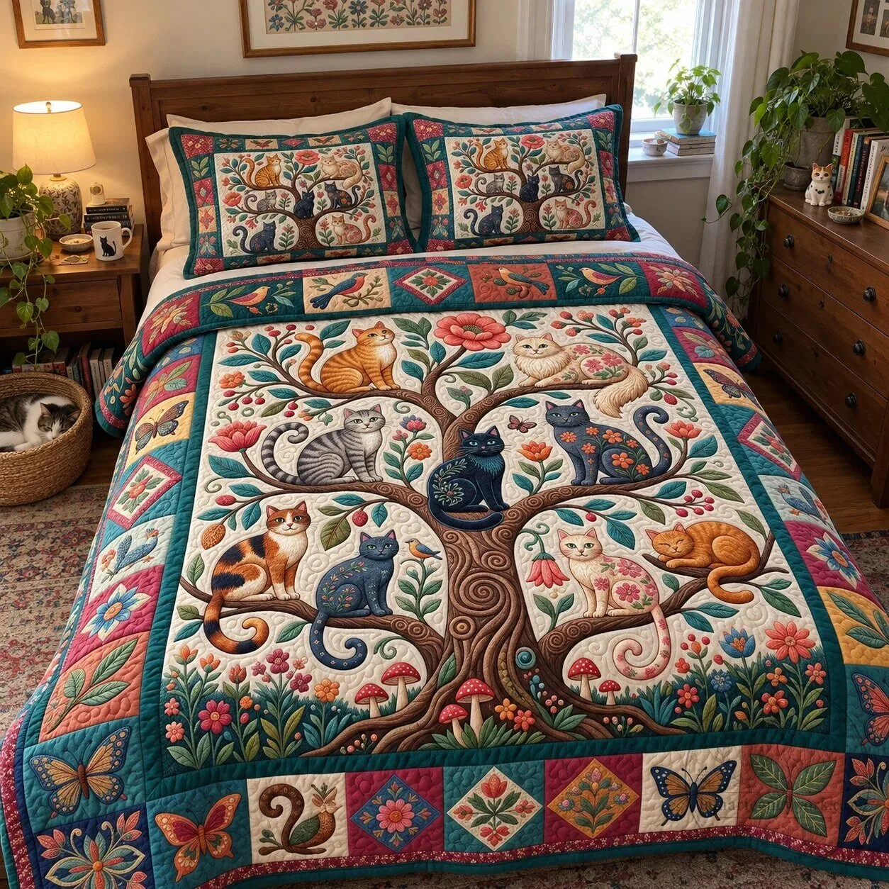 Quilted Bedding Set with Cats in Folk Art Design