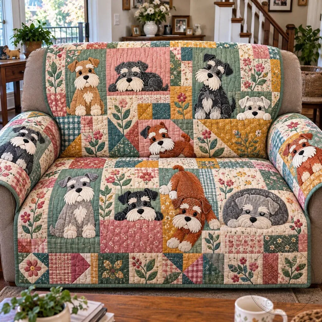 Schnauzer Wildflower Quilted Sofa Cover Schnauzer Wildflower Quilted Sofa Cover